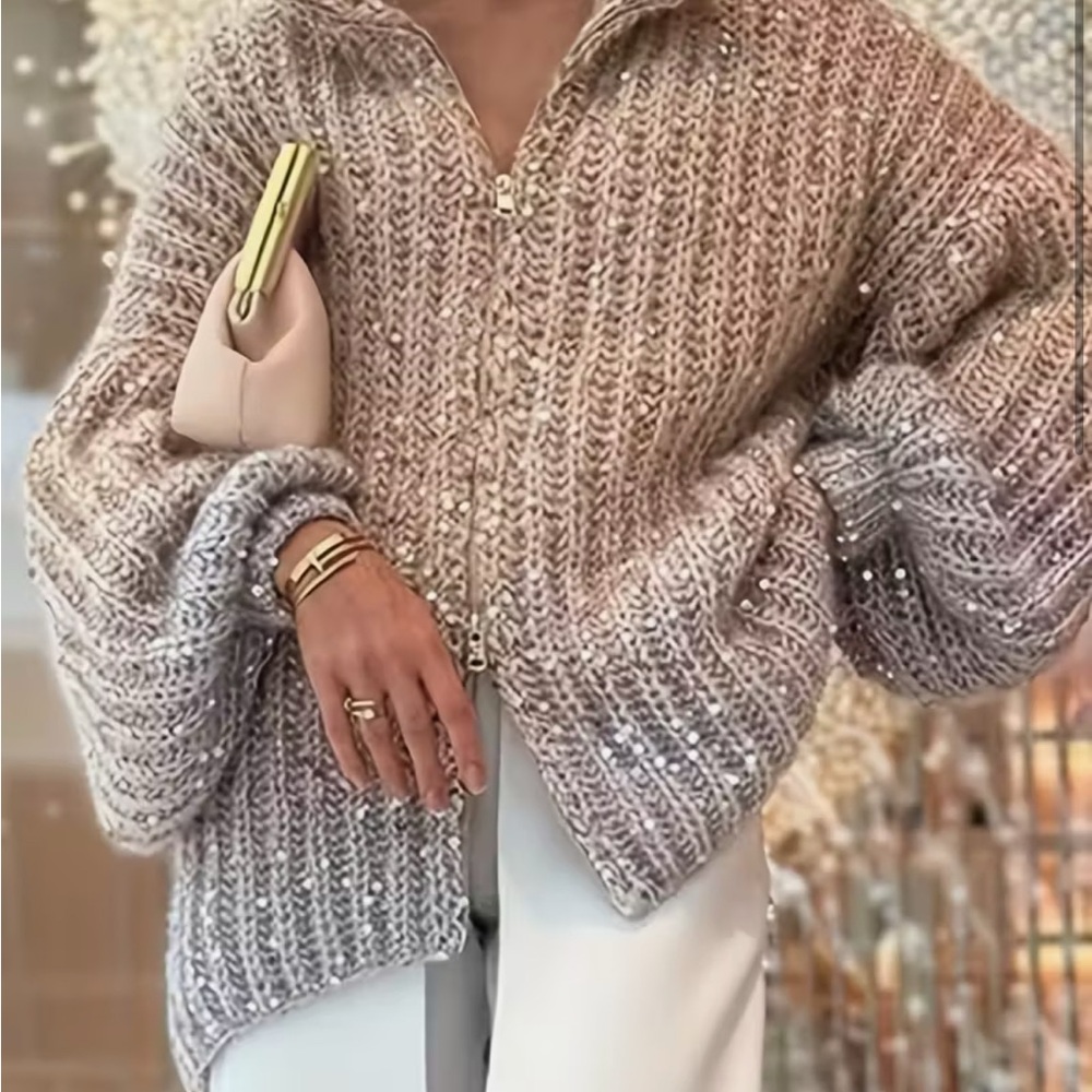 Chunky Knit Zipper Sweater - Beige